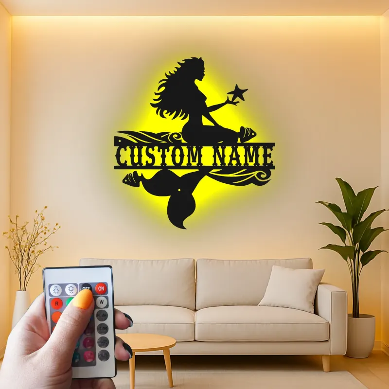 Panneau de sirène personnalisé | Lumière LED personnalisée | Décoration murale en métal pour chambre de fille | Décor de nursery nautique