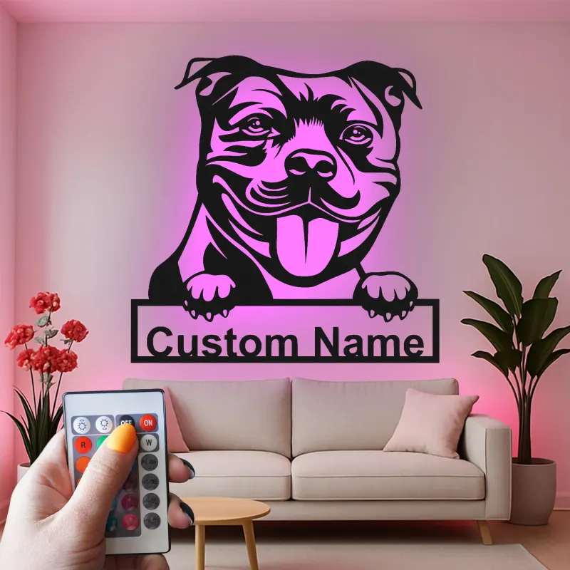 Décoration murale en métal LED personnalisée pour Pit Bull - Cadeau pour amoureux des chiens - Décor pour salon