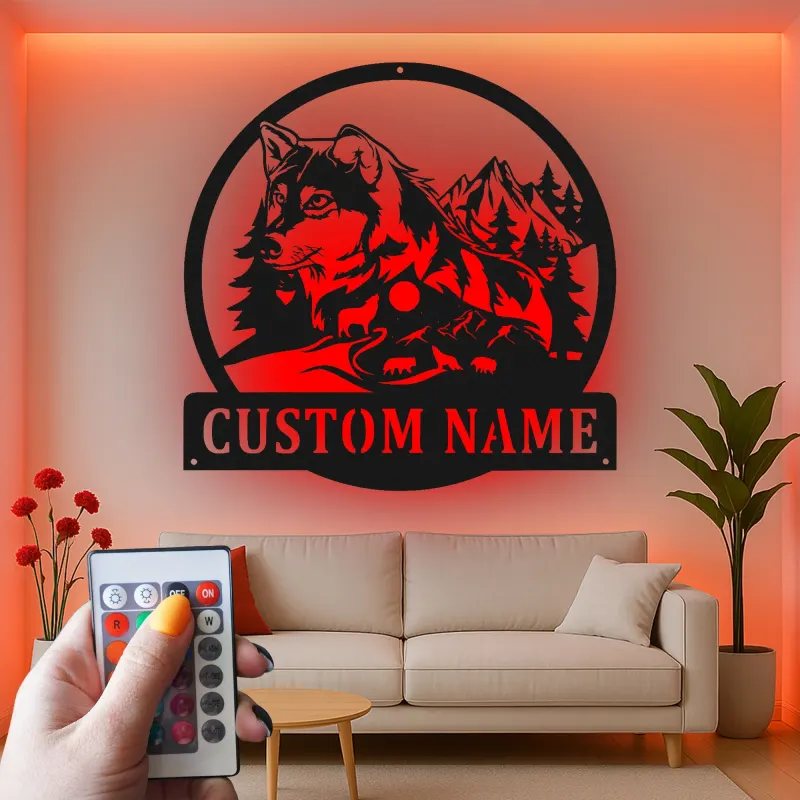 Custom Wolf Led Light Metal Wall Art Personalized Gift for Nature Lovers Rustic Cabin Decor