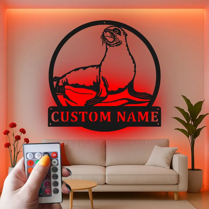 Custom Sea Lion Metal Wall Art | LED Light Nautical Decor | Personalized Ocean Lover Gift | Marine Life Name Sign
