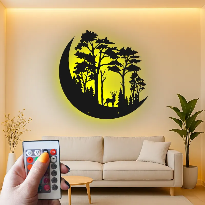 Décoration murale en métal LED avec scène de forêt de cerfs - Cadeau pour amoureux de la nature, décoration rustique pour salon ou chalet