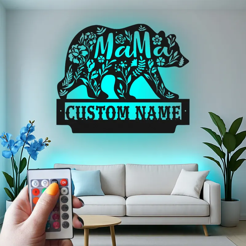Arte mural de oso mamá | Cartel LED personalizado para cabaña de mamá | Decoración rústica de vida salvaje floral