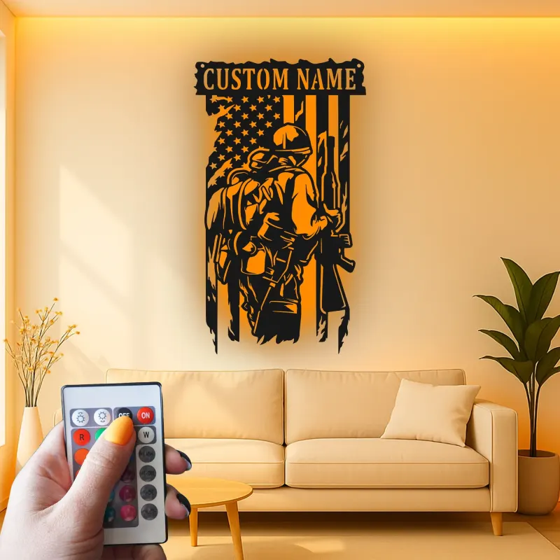 Personalized Soldier Metal Sign | Patriotic LED Wall Art | Custom Veteran Name Plaque | US Military Man Cave Decor