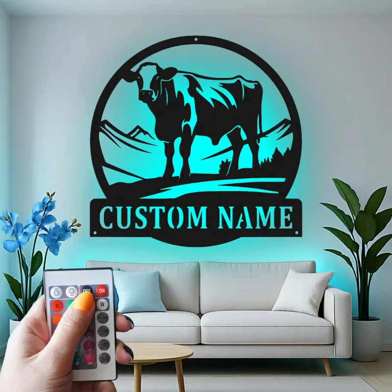 Décoration murale en métal LED personnalisée de vache - Cadeau de ferme pour éleveurs - Décor rustique pour le salon