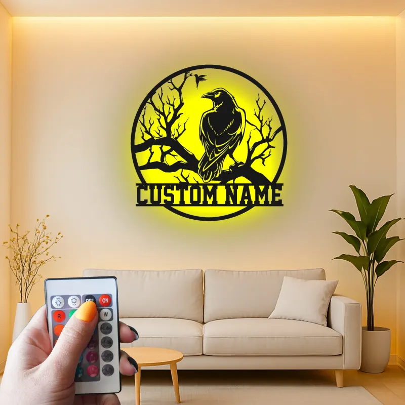 Enseigne en métal Raven personnalisée avec LED | Décoration murale gothique personnalisée | Silhouette d'oiseau rétroéclairée pour la maison et le bureau