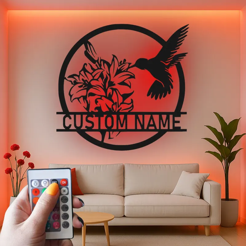 Hummingbird & Lily LED Metal Wall Art | Personalized Name Sign for Home | Custom Floral Bird Decor for Garden Lovers