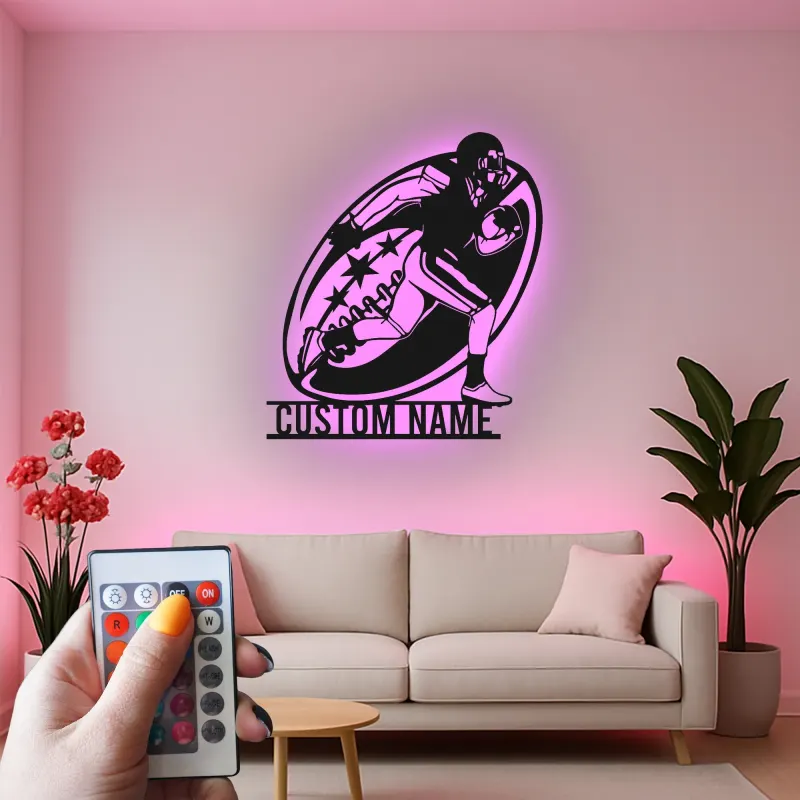 Insegna personalizzata con giocatore di football | Decorazione murale in metallo LED personalizzata | Arredo camera ragazzi e regalo per atleta | Luce sportiva per man cave