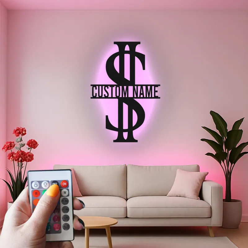 Décoration murale en métal personnalisée en forme de signe dollar avec rétroéclairage LED - Cadeau personnalisé pour entrepreneurs - Décor de bureau ou de salle de loisirs