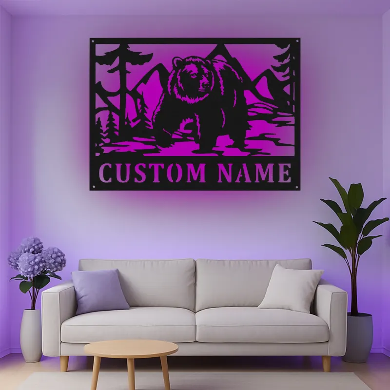 Décoration murale en métal personnalisée Bear Mountain avec rétroéclairage LED - Cadeau pour les amoureux de la nature, décoration de chalet ou de lodge