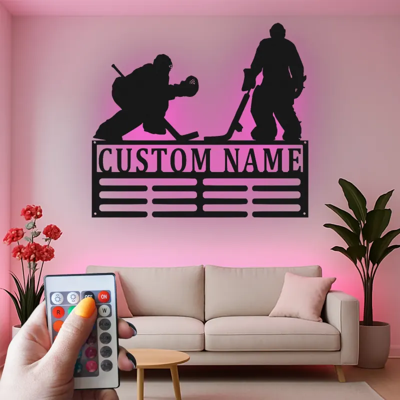 Cartel LED de jugador de hockey personalizado | Decoración mural de metal personalizada | Decoración para habitación infantil y regalo para deportistas | Luz RGB
