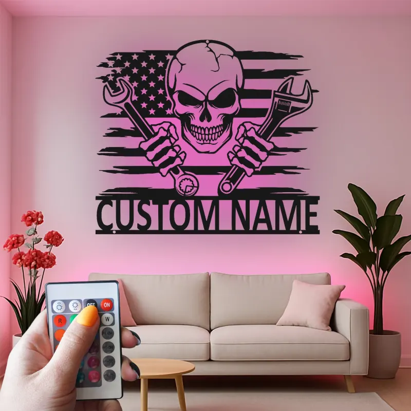 Art mural en métal LED avec crâne patriote | Panneau de garage mécanicien personnalisé | Décoration de man cave pour lui