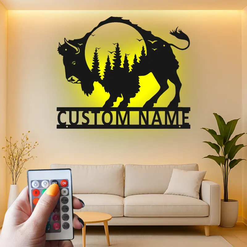 Insegna in metallo personalizzata con silhouette di bisonte retroilluminata LED regalo per amanti della fauna selvatica decorazione rustica per la casa