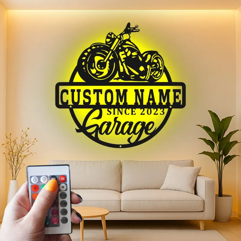 Personalized Motorcycle Metal Sign | LED Light Wall Art for Garage & Man Cave | Custom Biker Name Gift