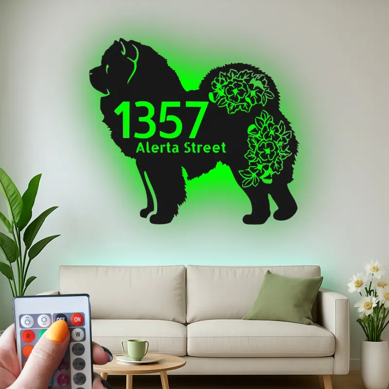 Insegna in metallo LED personalizzata Chow Chow, regalo per amanti dei cani, decorazione per indirizzo esterno