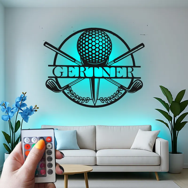 Panneau de golf personnalisé avec prénom | Décoration murale en métal LED | Cadeau sur mesure pour golfeur | Déco de bar sportif et bureau