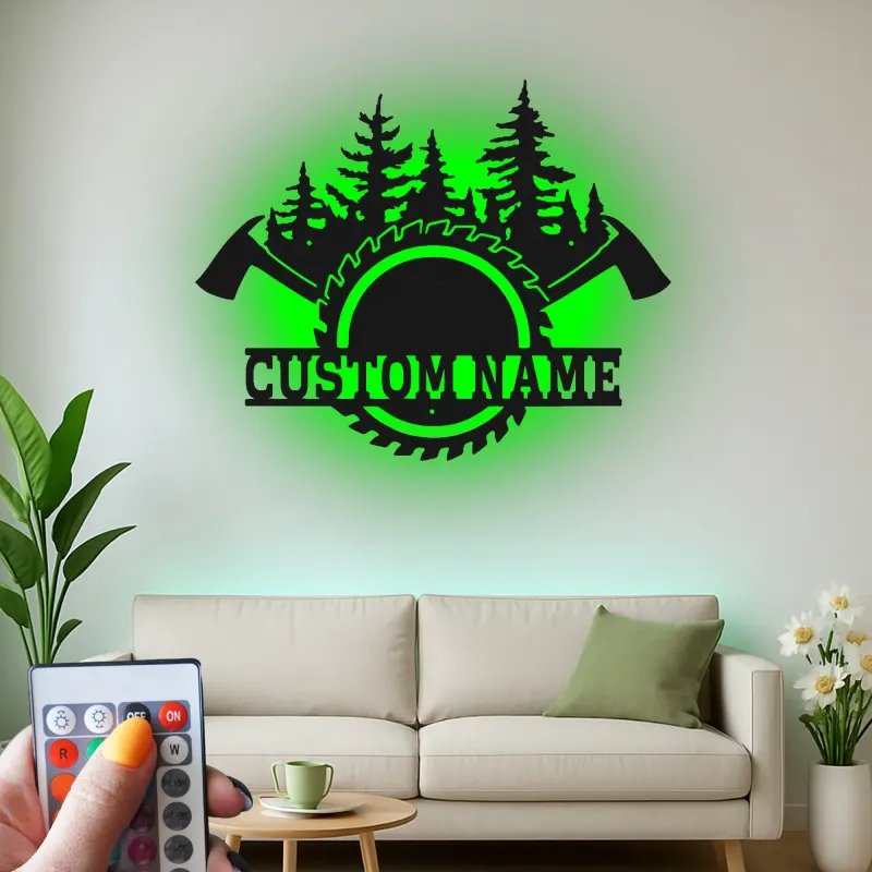 Cartel de hachas cruzadas personalizado | Arte mural LED de sierra circular | Decoración de leñador personalizada | Regalo para carpinteros | Cartel de cabaña rústica