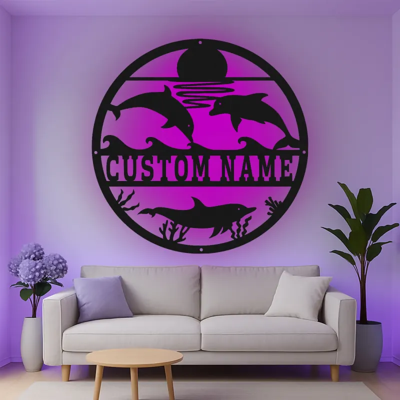 Décoration murale en métal personnalisée scène océanique avec dauphins et rétroéclairage LED cadeau pour maison de plage