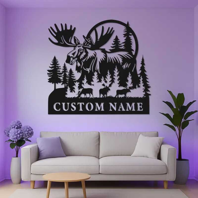 Custom Moose Family Metal Sign | LED Wall Art for Cabin & Lodge Decor | Personalized Rustic Wildlife Nature Lover Gift