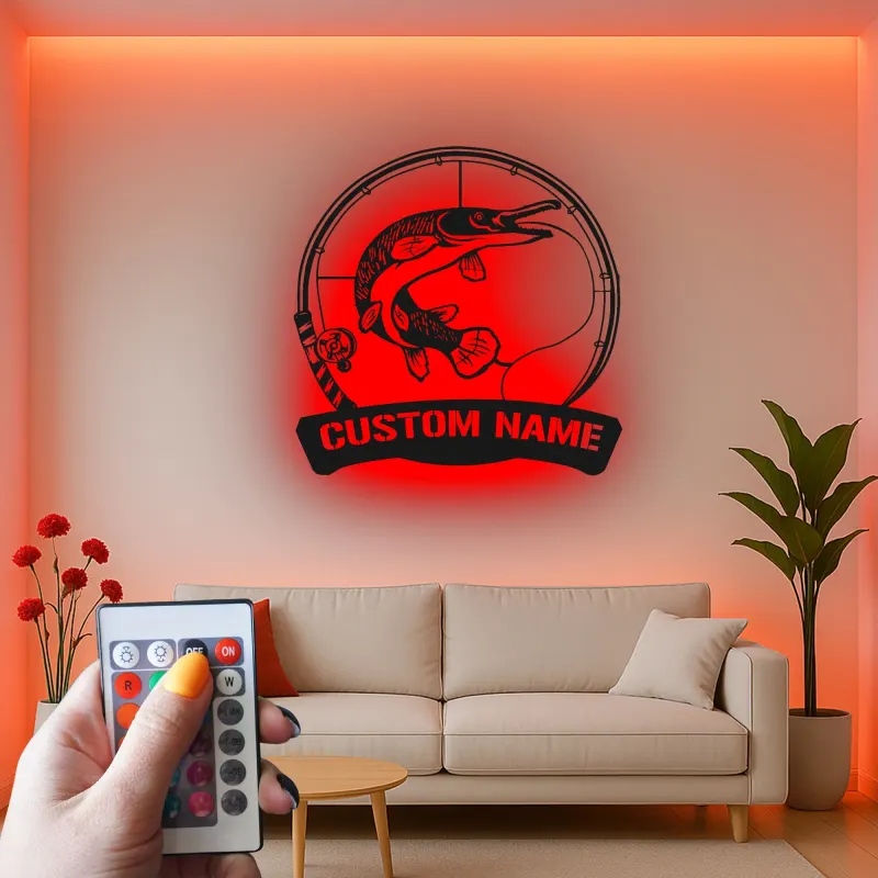 Cartel de Pesca Personalizado con LED | Arte Mural de Metal para Pescadores | Decoración para Casa de Campo y Cueva de Hombre