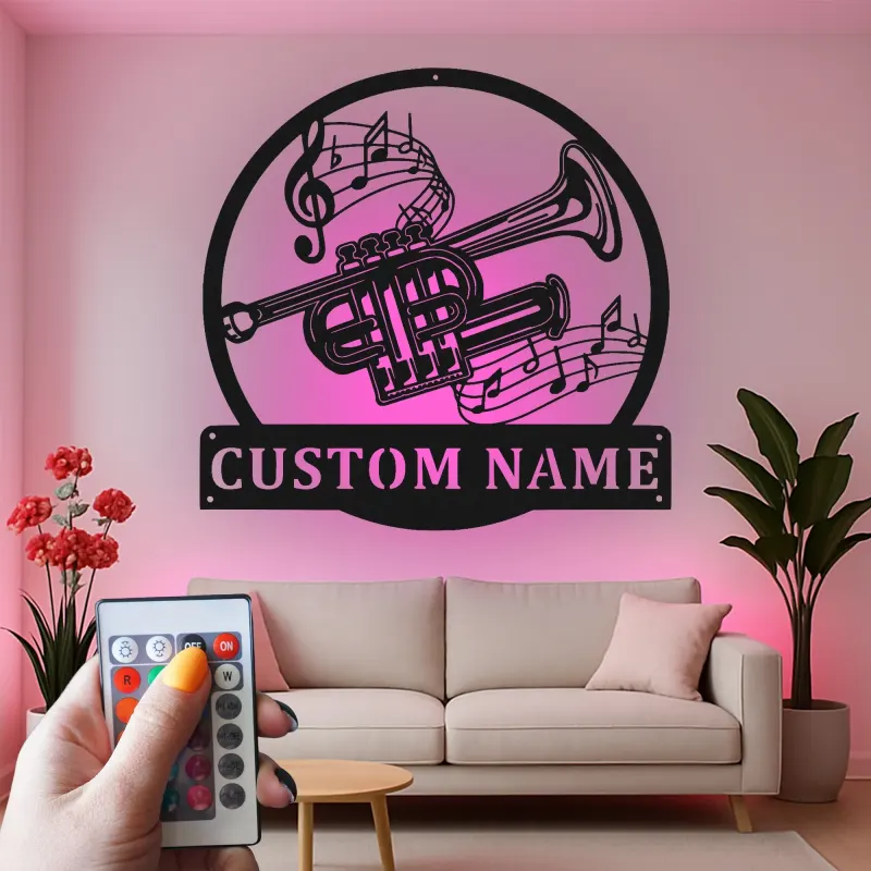 Cartel de metal LED personalizado de trompeta, regalo para músicos, decoración de sala de música