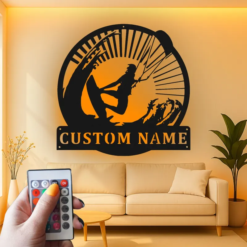 Arte in Metallo LED Personalizzata per Kiteboarding | Insegna con Nome per Kitesurfer | Decorazione per Casa al Mare | Regalo per Amanti dell'Oceano