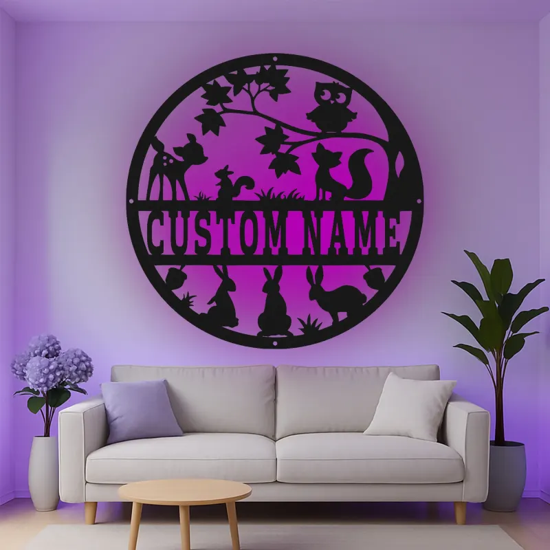 Décoration murale en métal personnalisée avec animaux des bois en rétroéclairage - Cadeau de nursery pour enfants