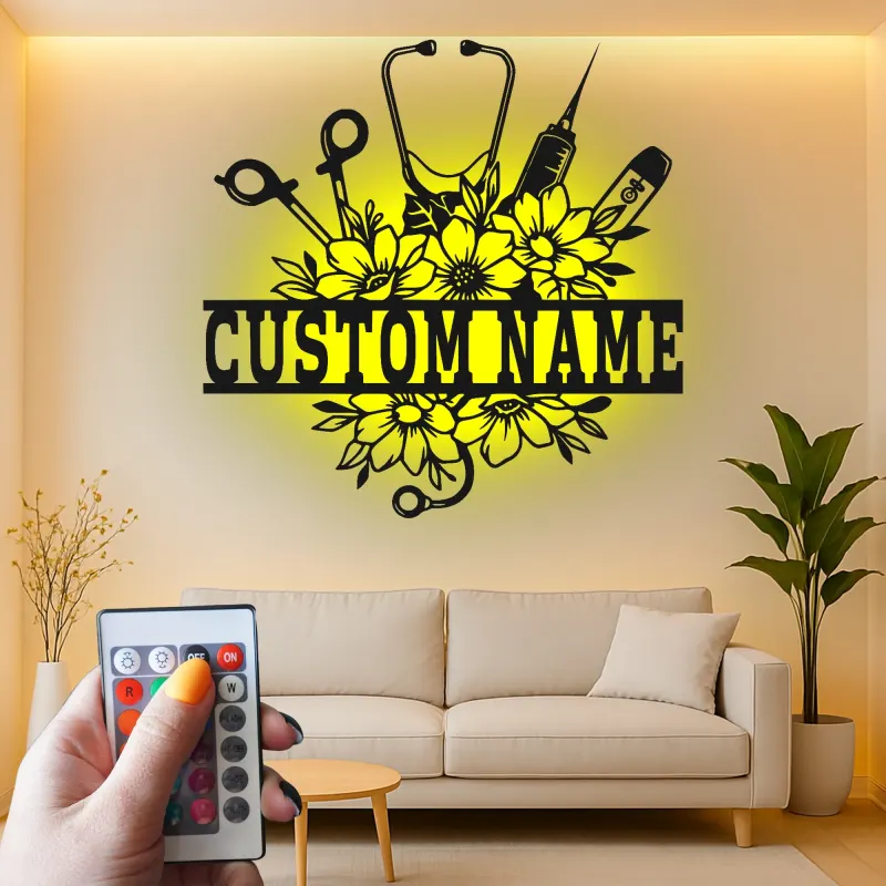Personalisierte Krankenschwester-Schild mit LED-Licht | Metall-Wandkunst | Florales Stethoskop-Dekor für Klinik & Büro | Geschenk für Pflegekräfte
