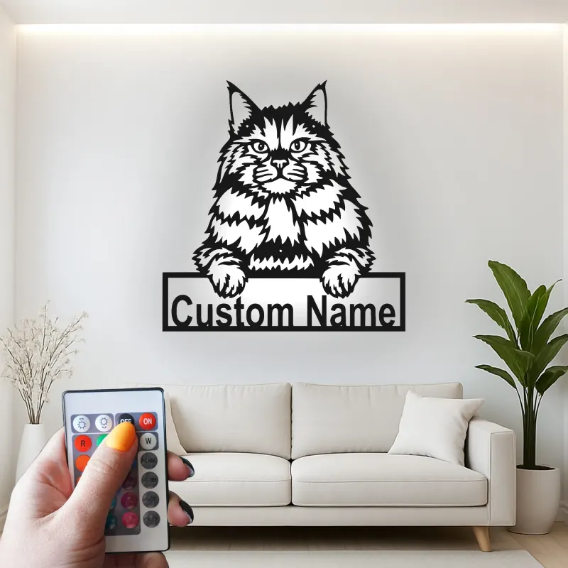 Cartel de metal personalizado de gato Maine Coon con luz LED regalo para amantes de mascotas decoración para salones