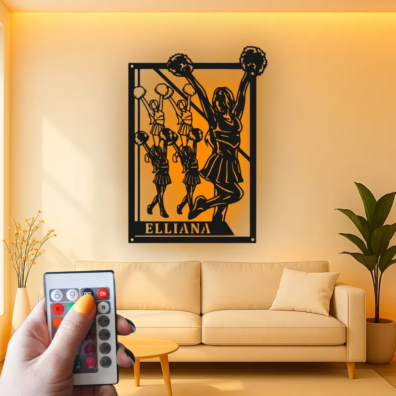 Décoration murale en métal personnalisée avec rétroéclairage Cheerleader - Cadeau de cheerleading pour sa chambre ou décoration de gym