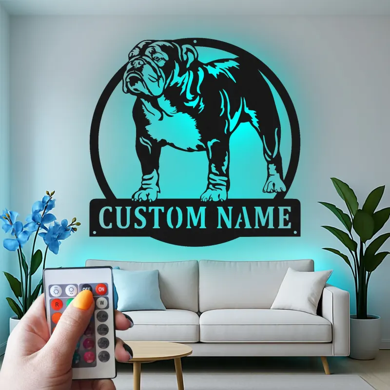 Cartel de metal LED personalizado de Bulldog, regalo para amantes de los perros, decoración para la sala de estar o área de mascotas