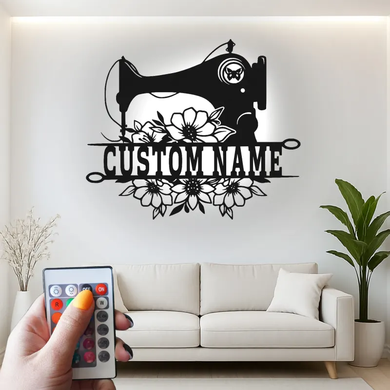 Cartel de máquina de coser personalizado | Decoración mural de metal LED | Decoración personalizada para el cuarto de manualidades | Regalo para costurera o mamá