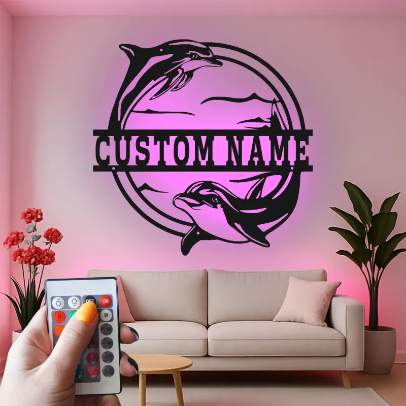 Cartel de metal personalizado con delfín y luz LED, regalo para amantes del océano, decoración para dormitorio o salón
