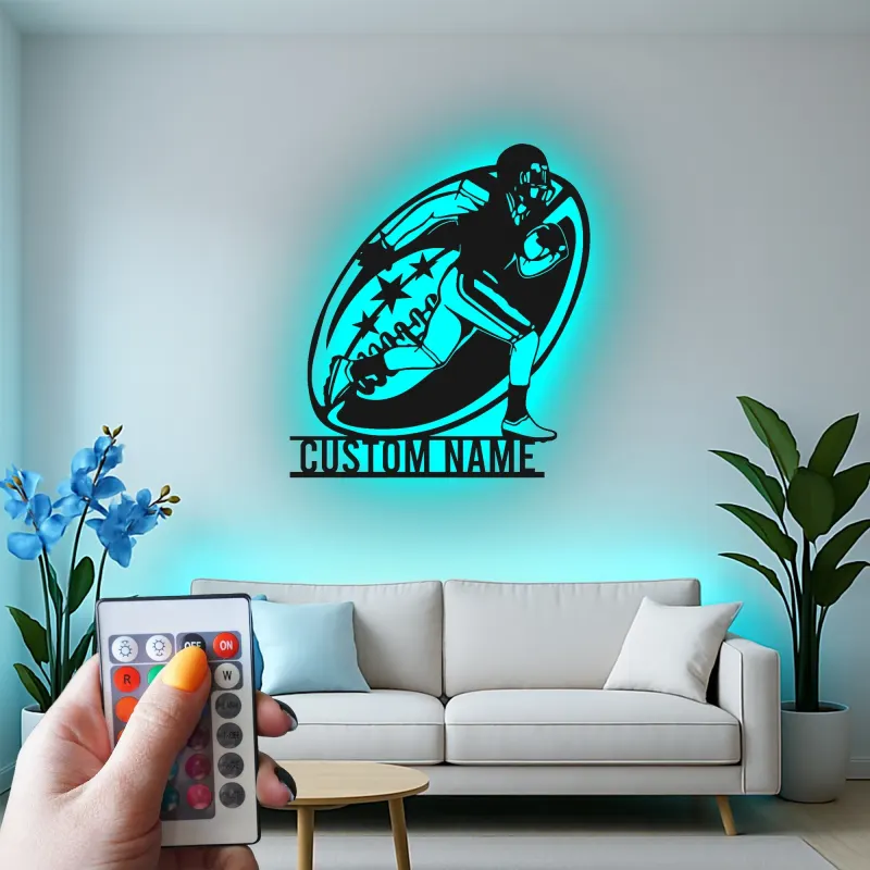 Insegna personalizzata con giocatore di football | Decorazione murale in metallo LED personalizzata | Arredo camera ragazzi e regalo per atleta | Luce sportiva per man cave