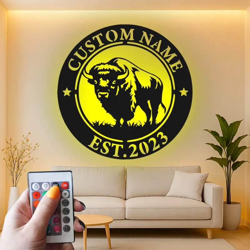 Insegna in metallo LED personalizzata con bufalo, regalo per ranch, decorazione rustica per soggiorno