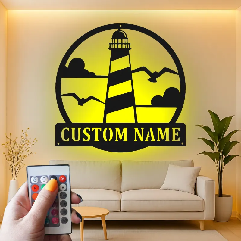 Panneau LED en métal de phare | Décor mural nautique | Cadeau de maison de plage personnalisé | Lumière de silhouette côtière