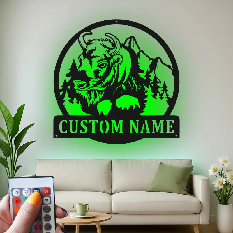Cartel de metal LED personalizado de Bisonte y Montaña, regalo para amantes de la naturaleza, decoración rústica de cabaña