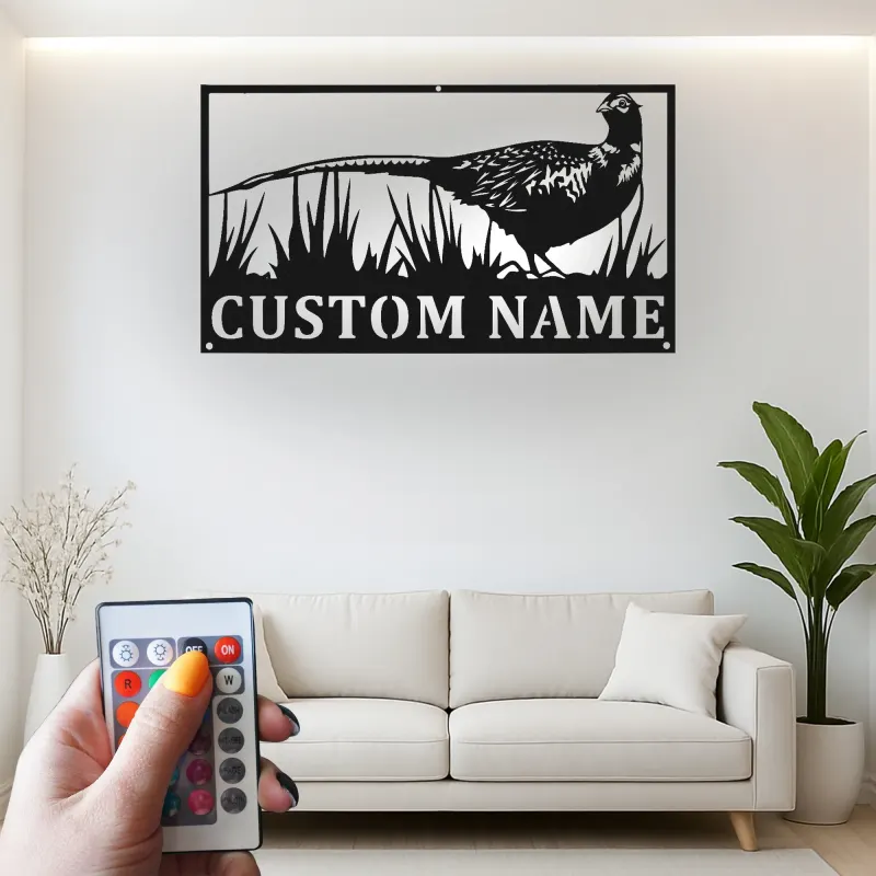 Fasan Metall Wandkunst | Personalisiertes LED-Schild für die Hütte | Individuelles Geschenk für Jäger & Lodge-Dekor