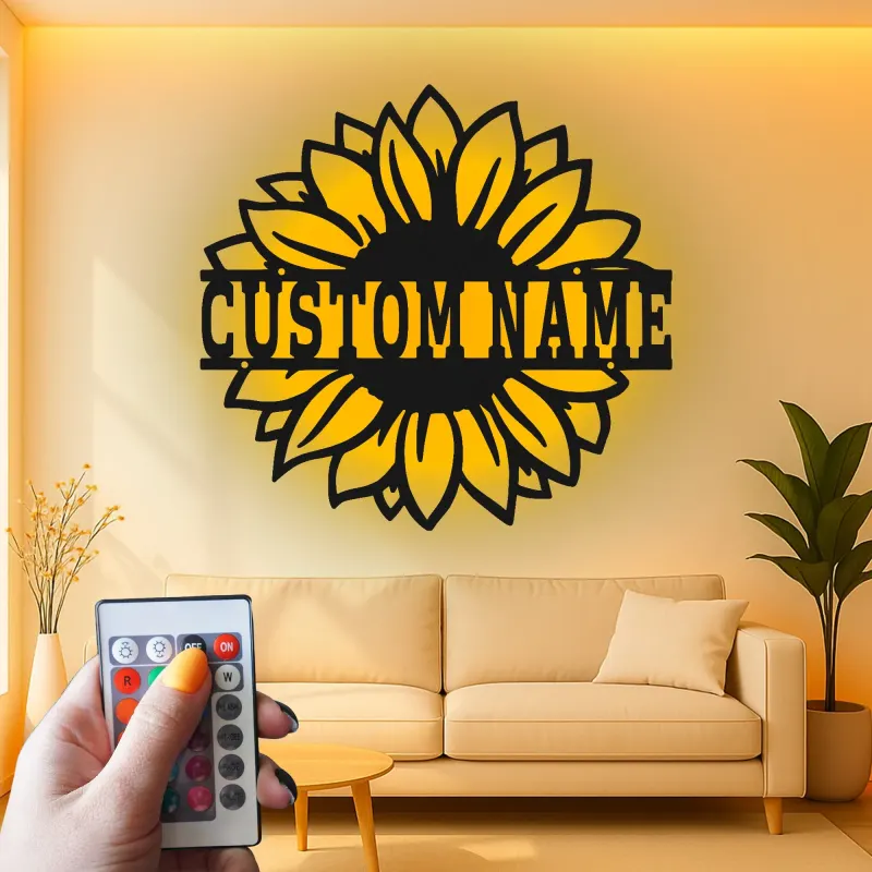 Cartel de metal personalizado con girasol | Arte mural floral retroiluminado por LED | Decoración personalizada para mamá | Pieza de acento rústica para el dormitorio