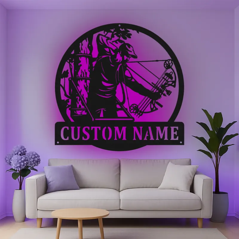Custom Bow Hunter Led Light Metal Wall Art Personalized Gift for Archers Man Cave or Hunting Lodge Decor