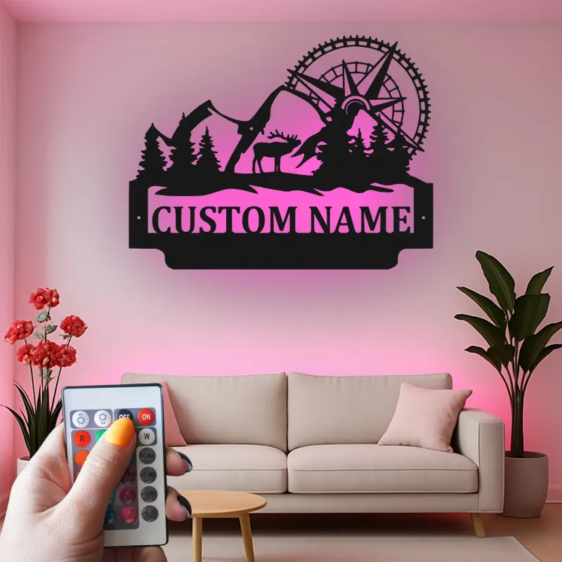 Letrero LED de bicicleta de montaña y alce | Decoración mural de metal personalizada para cabaña rústica | Regalo personalizado para amantes de la aventura al aire libre y el ciclismo