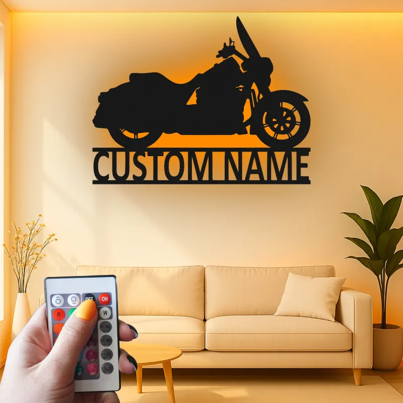 Insegna LED Personalizzata con Moto Cruiser | Decorazione per Garage in Metallo | Regalo per Biker e Decorazione per Caverna degli Uomini