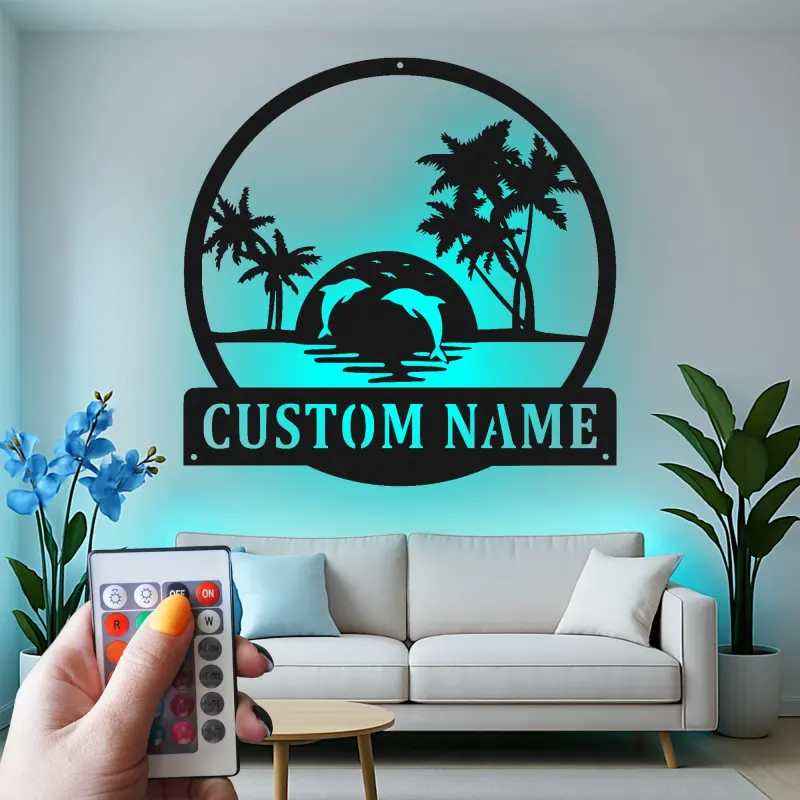 Custom Tropical Sunset with Dolphins Led Light Metal Wall Art Personalized Beach Lover Gift Coastal Living Room Decor