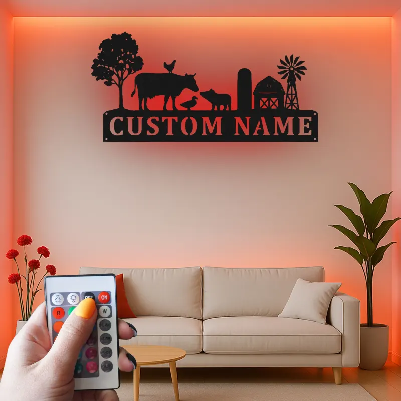 Insegna personalizzata per fattoria con luci LED | Decorazione murale in metallo personalizzata | Arredo da fienile per regalo casa di ranch