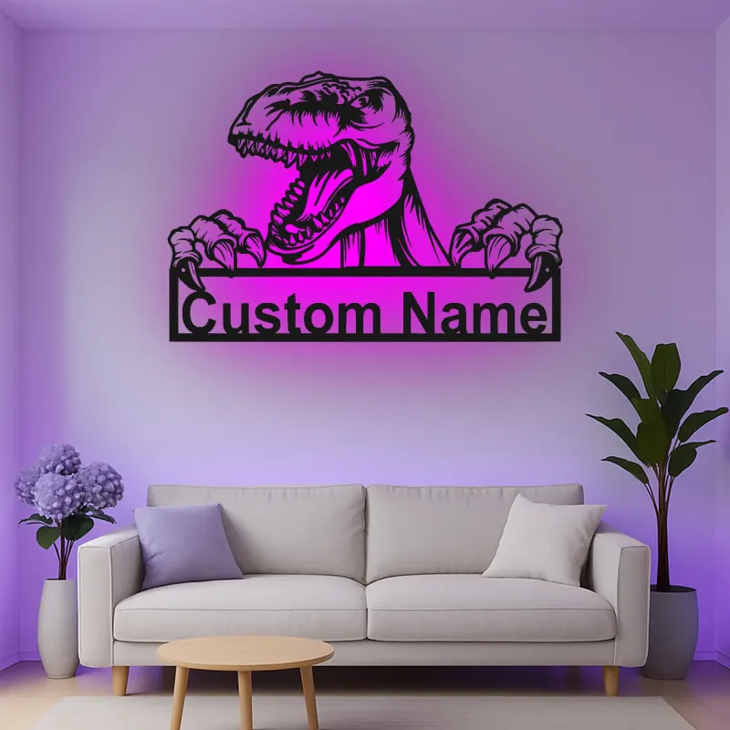 Custom T-Rex Led Light Metal Wall Art Personalized Dinosaur Gift for Kids Unique Bedroom Decor