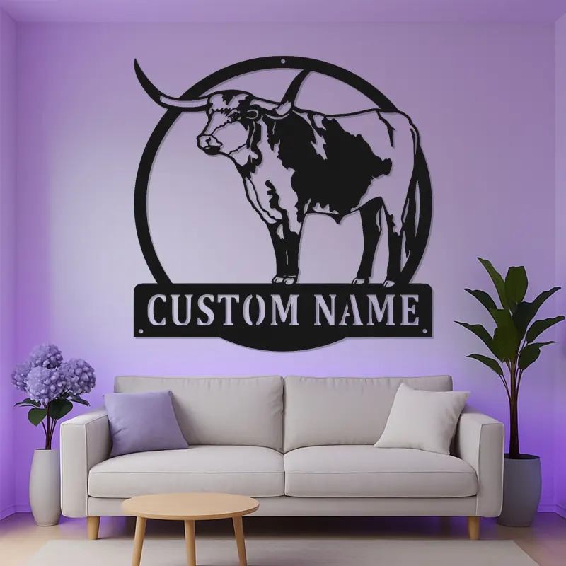 Custom Texas Longhorn Sign | LED Metal Wall Art for Ranch Decor | Personalized Farmhouse Cattle Gift