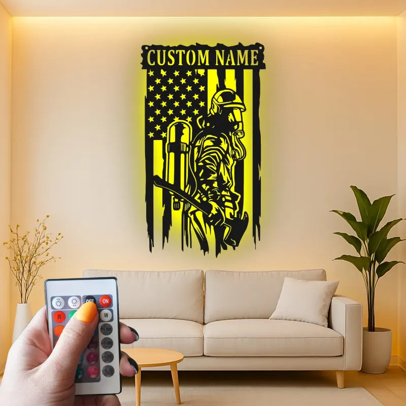 Cartel LED de bombero personalizado | Arte mural de bandera americana | Regalo personalizado para bombero | Decoración de héroe en la pared