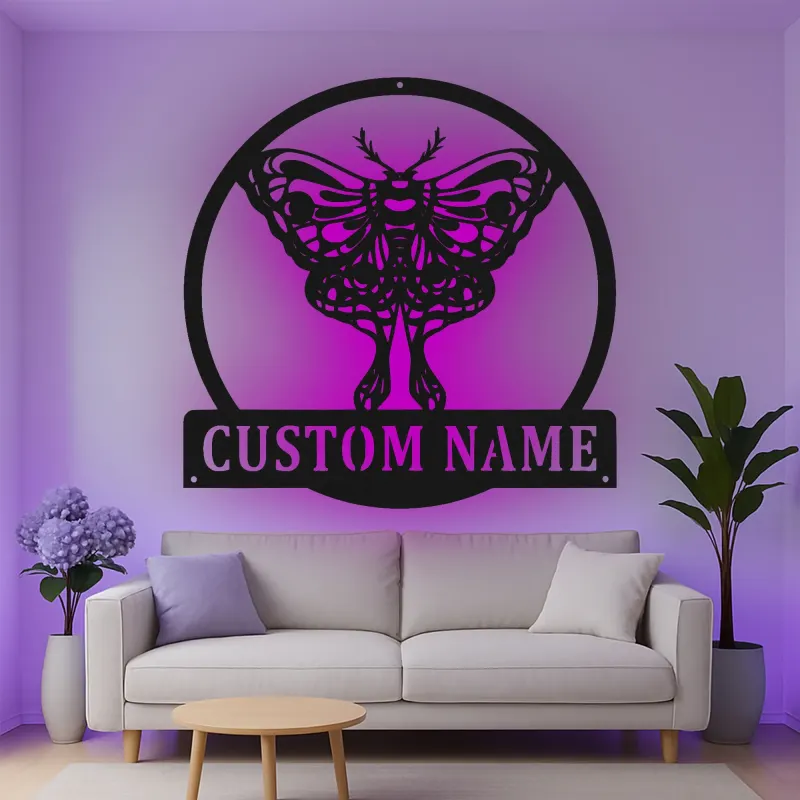 Cartel de metal LED con polilla, regalo personalizado para amantes de la naturaleza, decoración de dormitorio o sala de estar