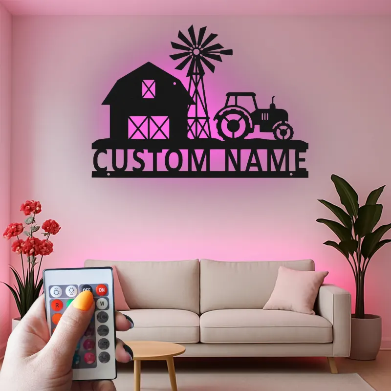 Insegna in metallo personalizzata con scena di fattoria e luce LED regalo per agricoltori decorazione rustica con trattore per la casa