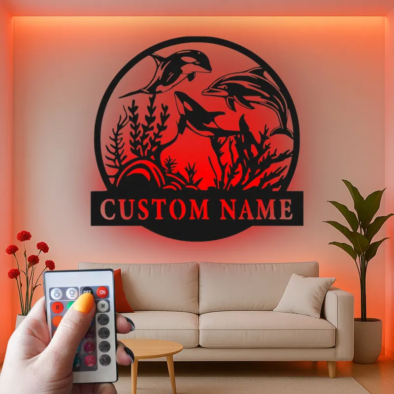 Insegna in metallo personalizzata con vita marina e luce LED regalo marino decorazione per casa costiera