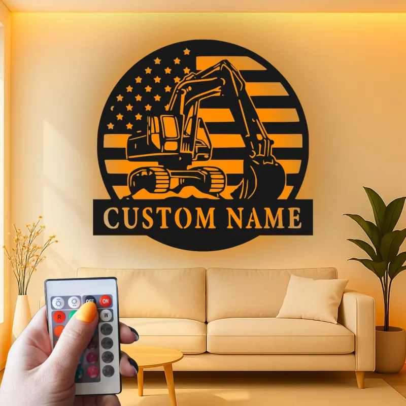 Cartel de metal LED personalizado de excavadora - Regalo para amante de la construcción - Decoración de cueva de hombre o garaje